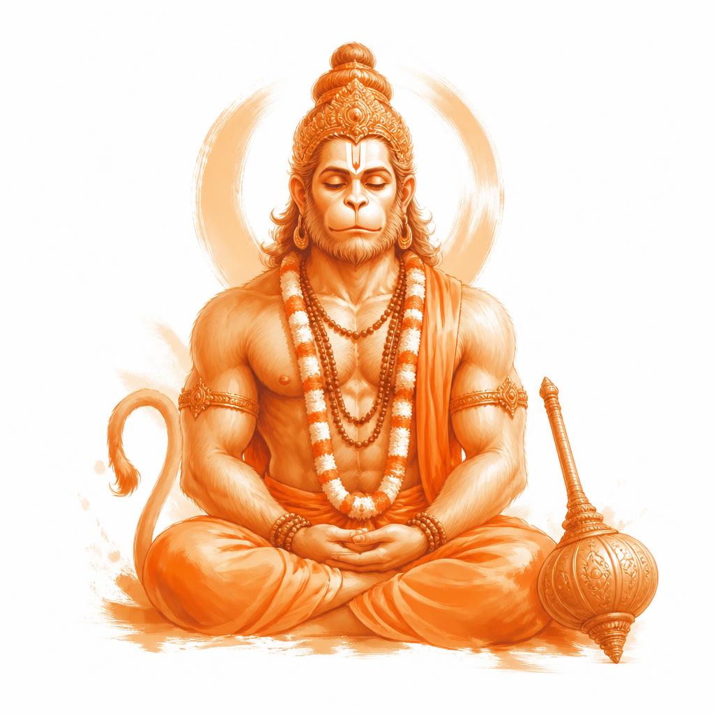 Lord Hanuman seated in deep meditation with his gada beside him